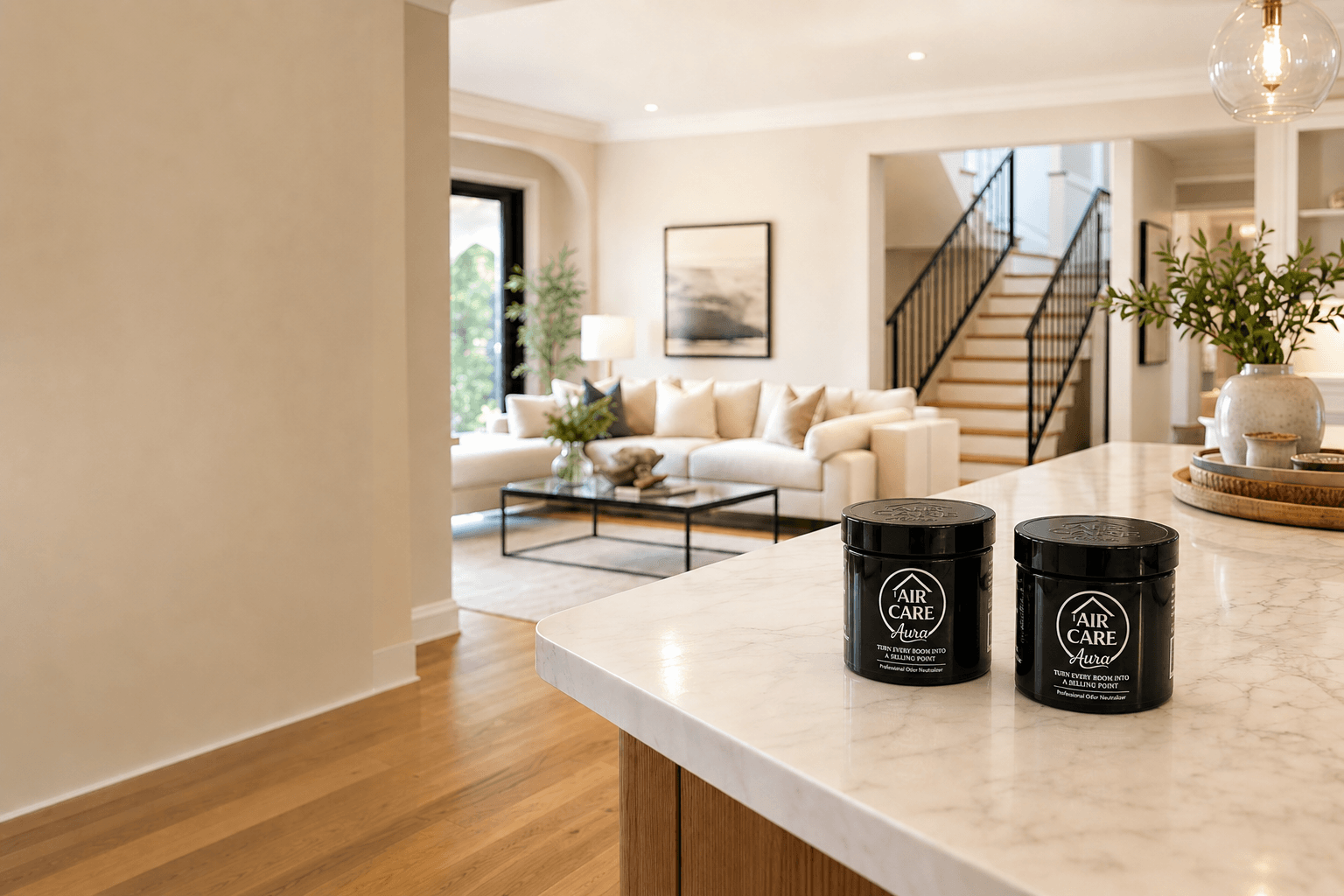 Air Care Aura jars on a marble counter in a bright staged home