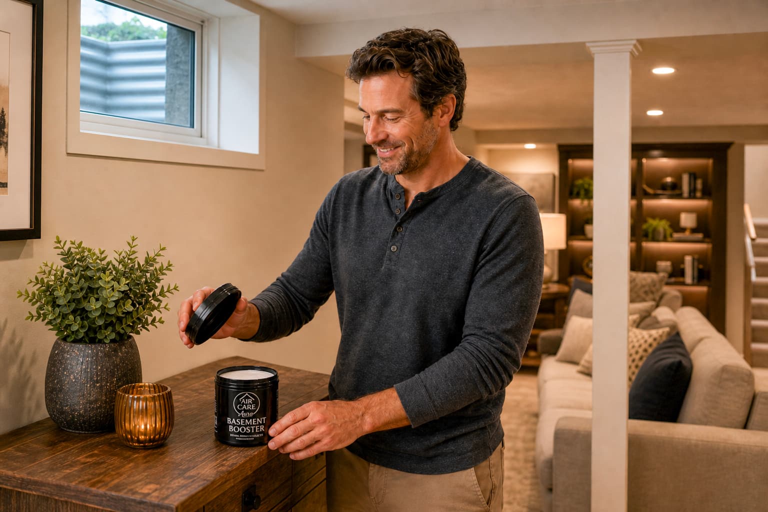 Homeowner opening an Air Care Aura Basement Booster jar on a console table in a finished lower-level living space